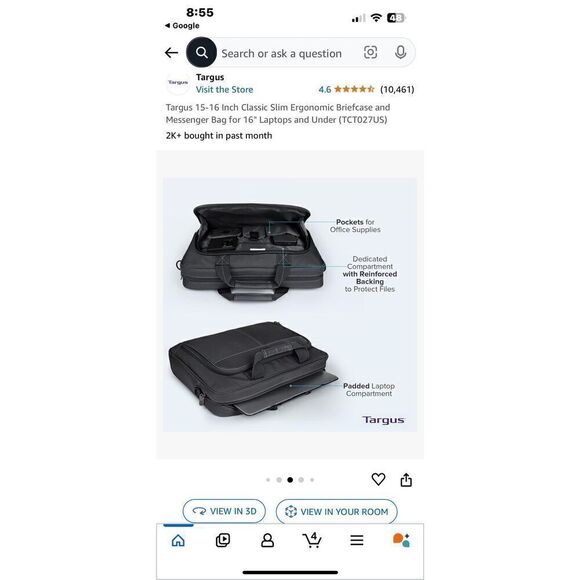 Targus Classic Slim Ergonomic Briefcase Laptop Black Messenger Bag 16 Adjustable - Picture 4 of 9